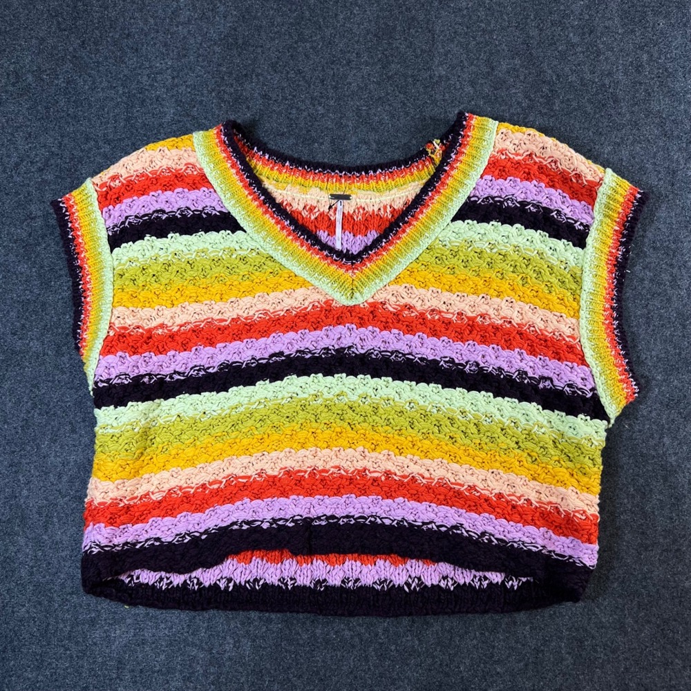 Free People Striped Sweater Vest V-Neck Multicolored Knit Boho L Hippie Festival